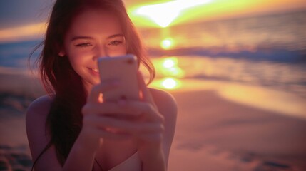 Radiant young woman enjoys a beach sunset while taking a selfie, capturing the moment's beauty