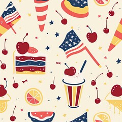 Patriotic American Summer Treats and Festive Elements Illustration, 4 July Independent day