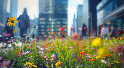 Bright and lively photograph of office workers walking in motion blur through an urban cityscape, with spring flowers blooming on the grass near modern glass buildings.