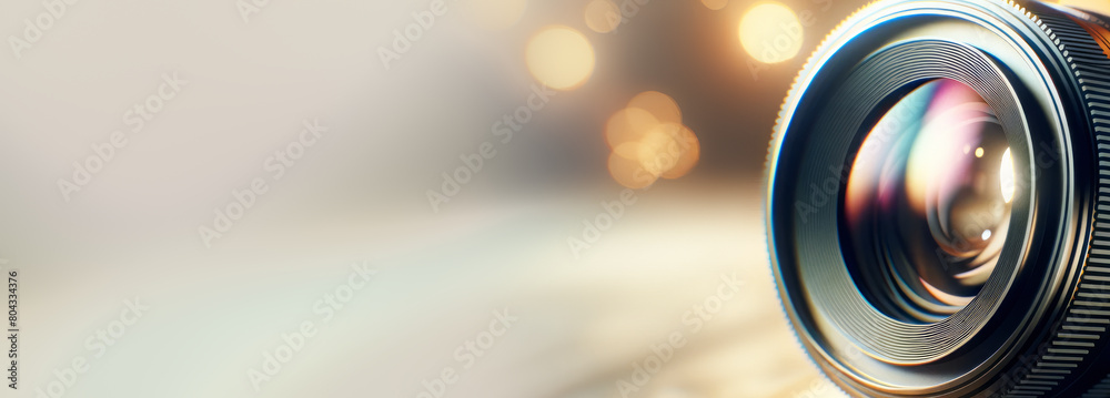 Poster Close-up of a camera lens with a bokeh light background, emphasizing the concept of photography. Generative AI