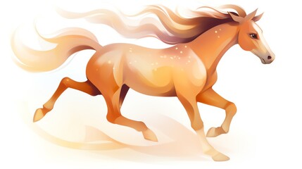 A beautiful, majestic palomino horse with a long, flowing mane and tail is running at full speed. The horse is surrounded by a soft, glowing light. - obrazy, fototapety, plakaty