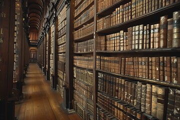 Vast library with expansive shelves brimming with meticulously bound paper scrolls.