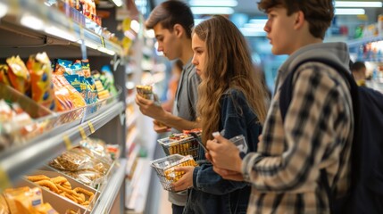 Group of teenagers selecting snacks in supermarket. Youth consumer culture and group shopping dynamics