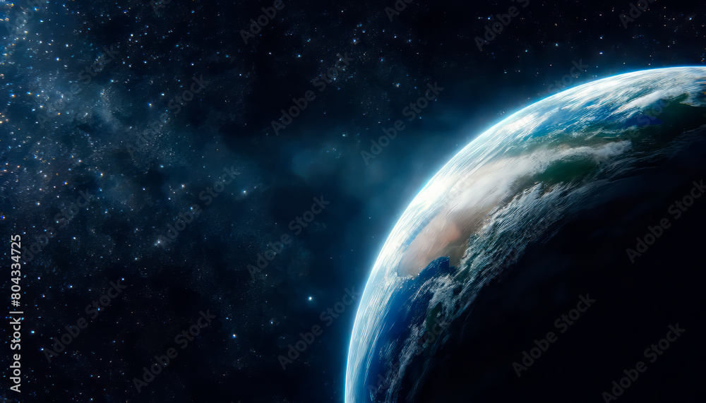 Poster An image showing Earth from space with a starry cosmos background, illustrating a space exploration concept. Generative AI
