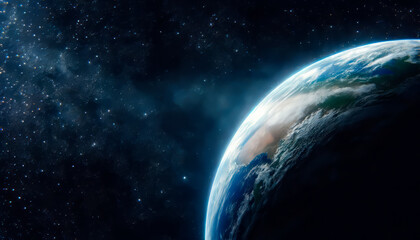 An image showing Earth from space with a starry cosmos background, illustrating a space exploration concept. Generative AI