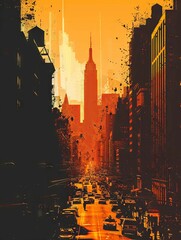 Bustling New York City Silhouette Illuminated by a Vibrant Orange Dusk