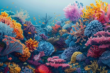 Vibrant exchange illustrated A biological illustration of a diverse marine ecosystem, showcasing a vibrant network of colorful coral reefs teeming with life.