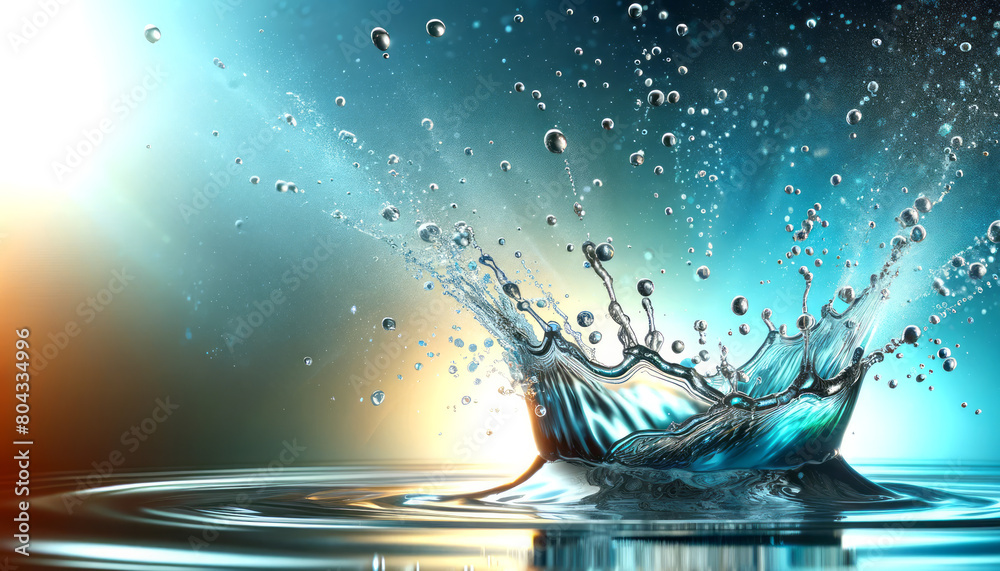 Poster a dynamic splash of water with droplets suspended in the air, vibrant blue and orange hues in the ba