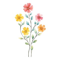 Simple and elegant floral crayon illustration with pink, yellow, and green flowers against a white backdrop