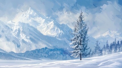 Winter snowy mountain landscape pine tree