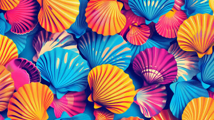 Pop art Seashells. Colorful background in pop art retro comic style. Summer concept background.
