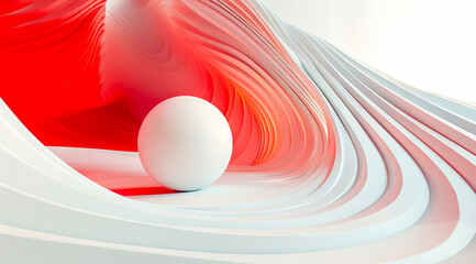 A white and red abstract image with an egg in the middle.