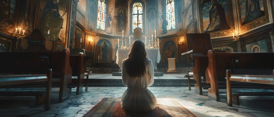 Christian woman kneeling in front of altar initiating prayer in church. Devoted parishioner seeking...