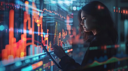 Business women, tablet and stock market report, hologram and forex data analysis, growth or accounting. Female workers trading, documents and digital technology for fintech investment, erp or finance