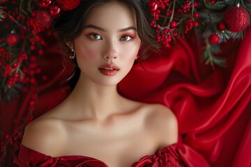 Fototapeta premium woman in dress, Young woman in a red dress with decorative festive elements. Holiday fashion portrait. Christmas and New Year celebration concept. Design for greeting card, seasonal promotion