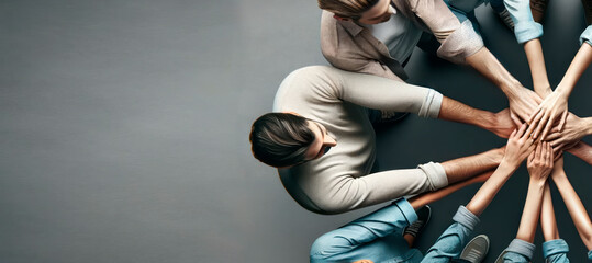 A group of people forming a circle with their hands together on a grey background, symbolizing teamwork and unity. Generative AI