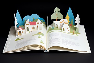 A children's pop-up book with a village scene.
