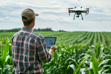 Farmer with tablet controlling drone over cornfield.