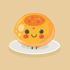 A cartoon character is sitting on a white plate with a doughnut on it. The character is smiling and he is happy