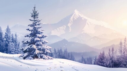 Winter snowy mountain landscape pine tree
