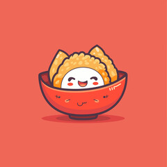 A cartoonish plate of food with a smiling face on it. FISH DISH SNACK STREET FOOD