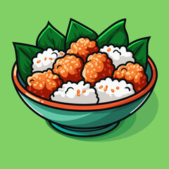 A bowl of Karaage food with rice and meat