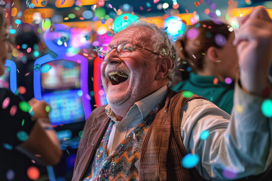 Elderly man in joyful celebration at the casino.
