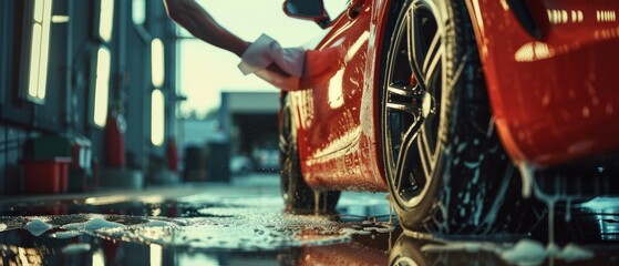 Using a microfiber cloth to dry up a red modern sports car. Adult cleaning off dirt from an American muscle car. Creative cinematic photography of a sport vehicle.