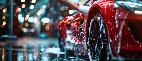 An advertising photograph of a car wash specialist cleaning a beautiful red sports car with a big soft sponge before detailing, polishing, and waxing it