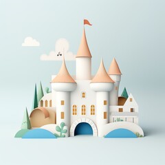Fototapeta premium A cute cartoon castle with a blue moat and a red flag on top. The castle has four turrets and a large gate. There are some trees and clouds in the background.