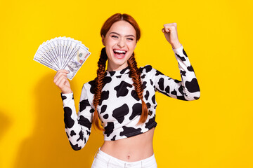 Photo of cheerful lucky woman wear cow skin print top rising fist winning dollars isolated yellow...