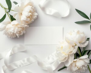 White peonies and a blank card on a white background.