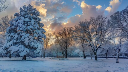 Winter wonderland snow trees with beautiful sky