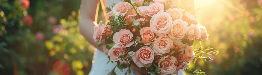 Obraz premium A bride holding a bouquet of pink roses with the sun shining through the petals.