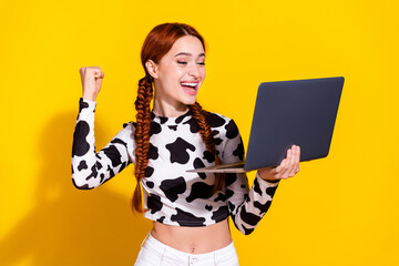 Photo of funky lucky woman wear cow skin print top rising fist online shopping modern gadget...