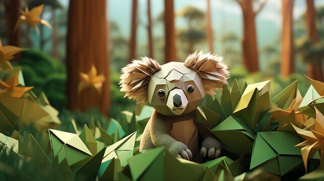 A cute origami koala sits in a lush green origami forest.