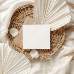 A blank note card sits on a woven placemat with a wooden cutting board and dried palm leaves and petals. The background is a soft, neutral-colored cloth.
