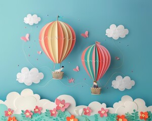 Obraz premium A hot air balloon ride over a field of flowers with a blue sky and clouds in the background.