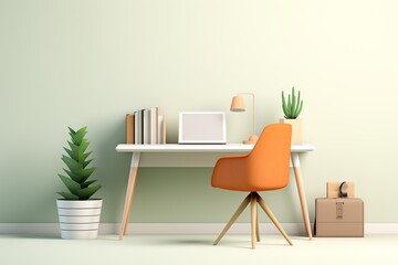 A desk with a laptop, a chair, a lamp, and a plant.