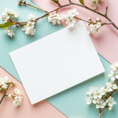 Blank white card mockup with beautiful spring cherry blossom flowers on a blue and pink background.