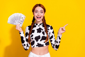 Photo of impressed excited lady dressed cowskin print top holding cash fan pointing empty space...