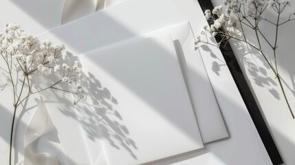 A mockup of a blank greeting card with a white envelope on a white background. There are some baby's breath flowers and a long white ribbon on the left side of the card.