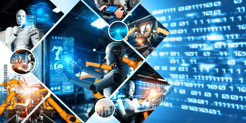 Poster automated ai industry robot and robotic arms assembly in factory production. concept of artificial i