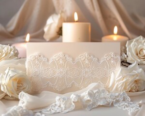 A close-up of a wedding invitation with a lace overlay, surrounded by white roses and candles.