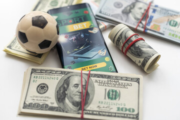 soccer ball over a lot of money. corruption football game. Betting and gambling concept. wold cup 