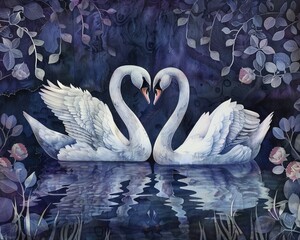 Obraz premium Two swans forming a heart shape with their necks on a purple background with a floral pattern.