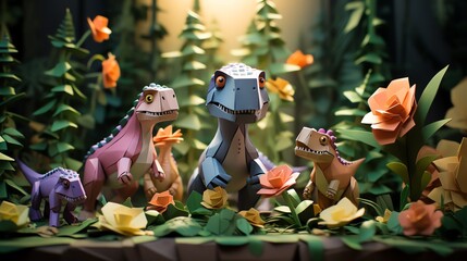 A family of dinosaurs made of paper in a lush prehistoric setting