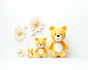 A family of yellow teddy bears sitting in front of a white background with white and yellow flowers.