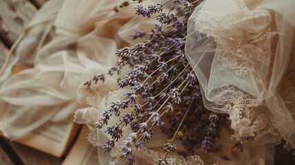 A beautiful bouquet of lavender lying on a beige cloth.