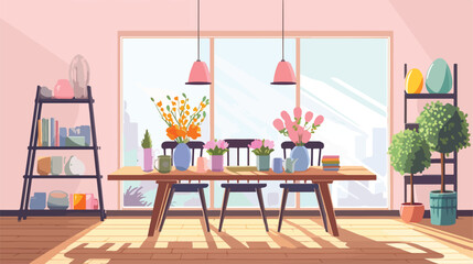 Interior of light room with Easter eggs on table 2d
